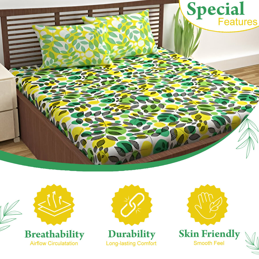 Green & Yellow Floral 144 TC Polycotton Single Bedsheet With 1 Pillowcover
