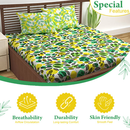 Green & Yellow Floral 144 TC Polycotton Single Bedsheet With 1 Pillowcover