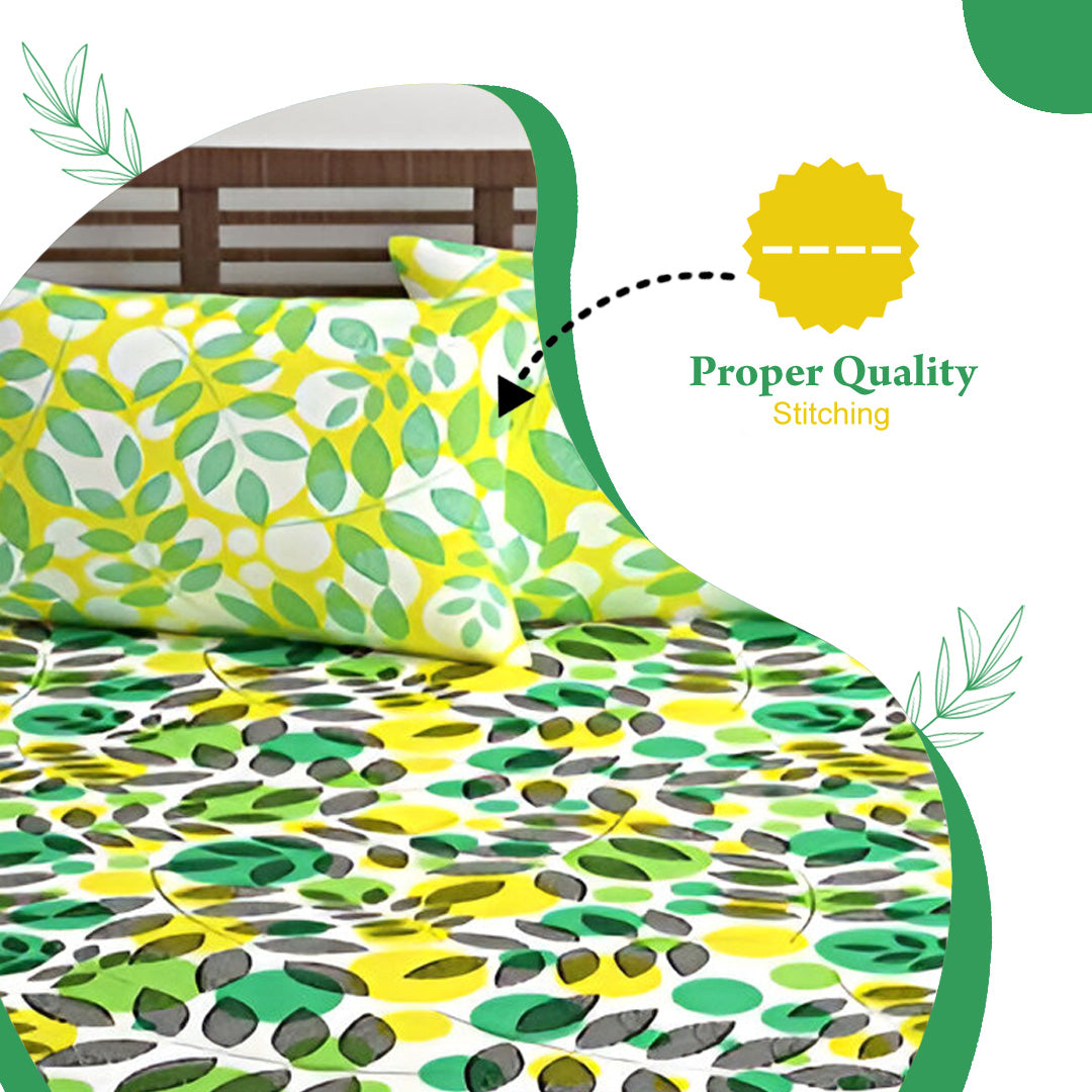Green & Yellow Floral 144 TC Polycotton Single Bedsheet With 1 Pillowcover