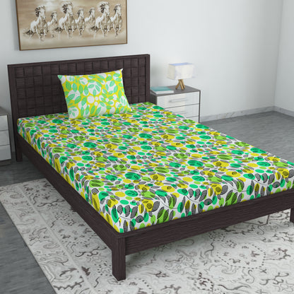 Green & Yellow Floral 144 TC Polycotton Single Bedsheet With 1 Pillowcover