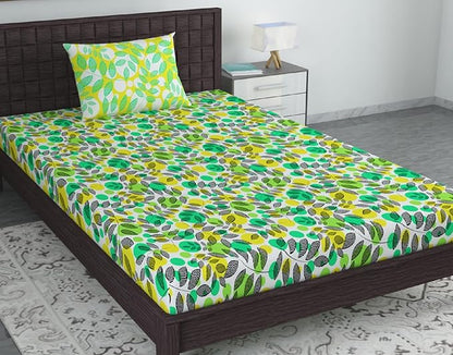 Green & Yellow Floral 144 TC Polycotton Single Bedsheet With 1 Pillowcover