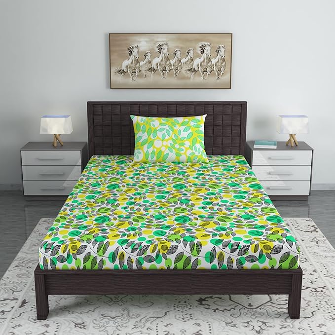 Green & Yellow Floral 144 TC Polycotton Single Bedsheet With 1 Pillowcover