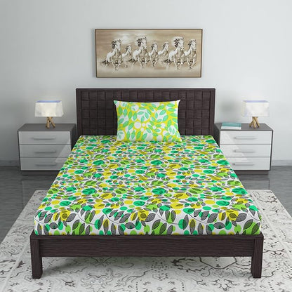 Green & Yellow Floral 144 TC Polycotton Single Bedsheet With 1 Pillowcover