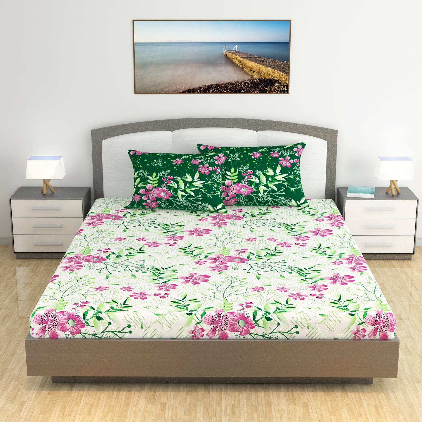 Mint Pink Floral 144 TC Polycotton King Bedsheet With 2 Pillowcovers