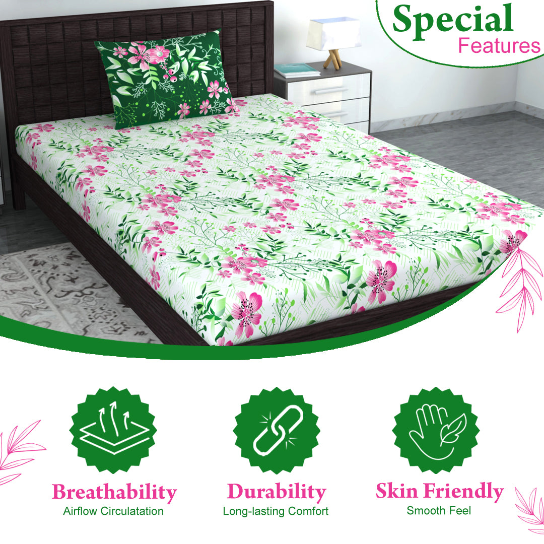 Mint Pink Floral 144 TC Polycotton King Bedsheet With 2 Pillowcovers