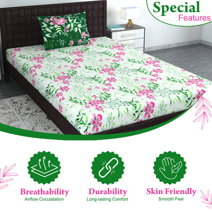 Mint Pink Floral 144 TC Polycotton King Bedsheet With 2 Pillowcovers