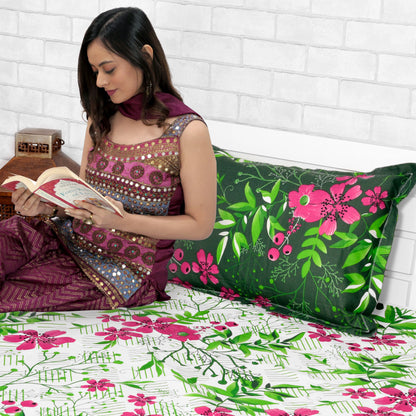 Mint Pink Floral 144 TC Polycotton King Bedsheet With 2 Pillowcovers