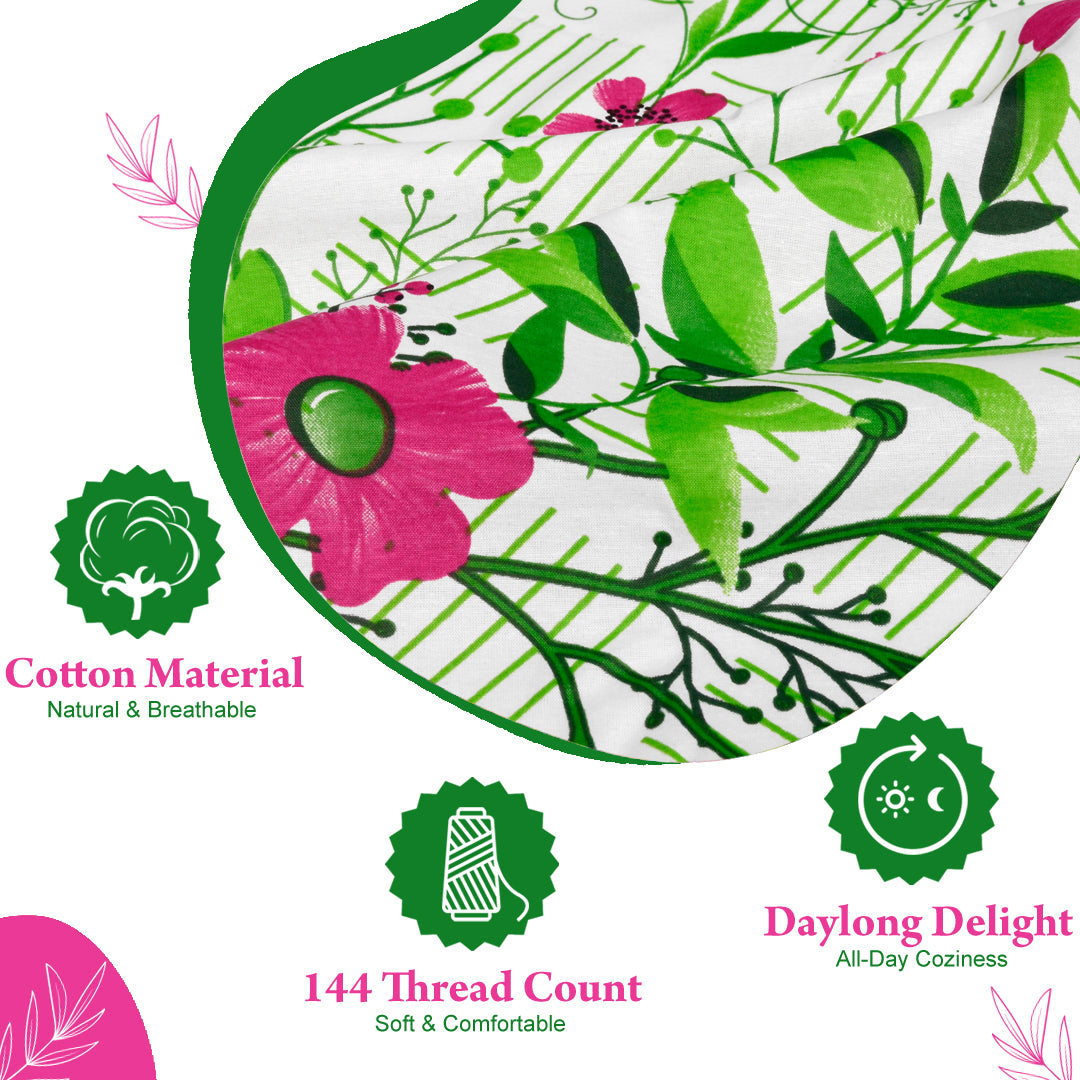 Mint Pink Floral Cotton Bedsheet for King Size Bed (270 X 222 CM)