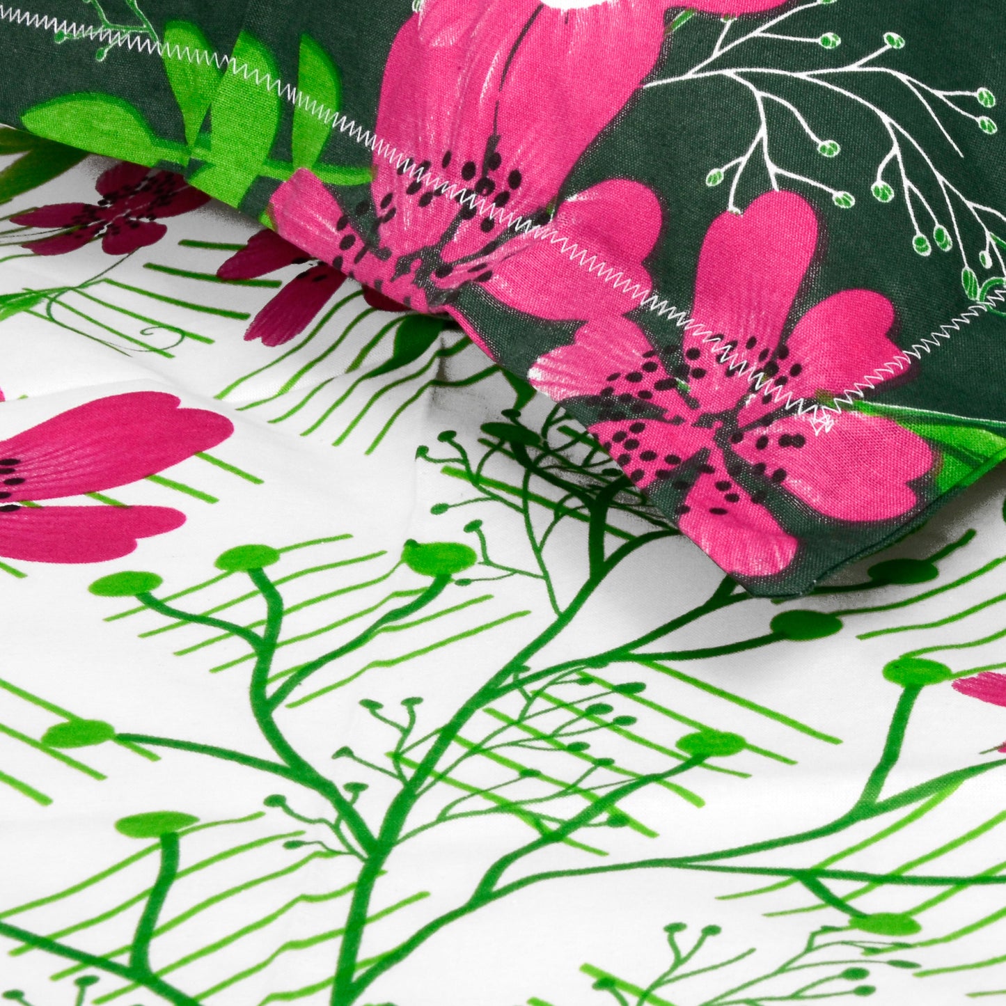 Mint Pink Floral 144 TC Polycotton King Bedsheet With 2 Pillowcovers