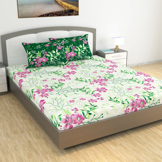 Mint Pink Floral 144 TC Polycotton King Bedsheet With 2 Pillowcovers
