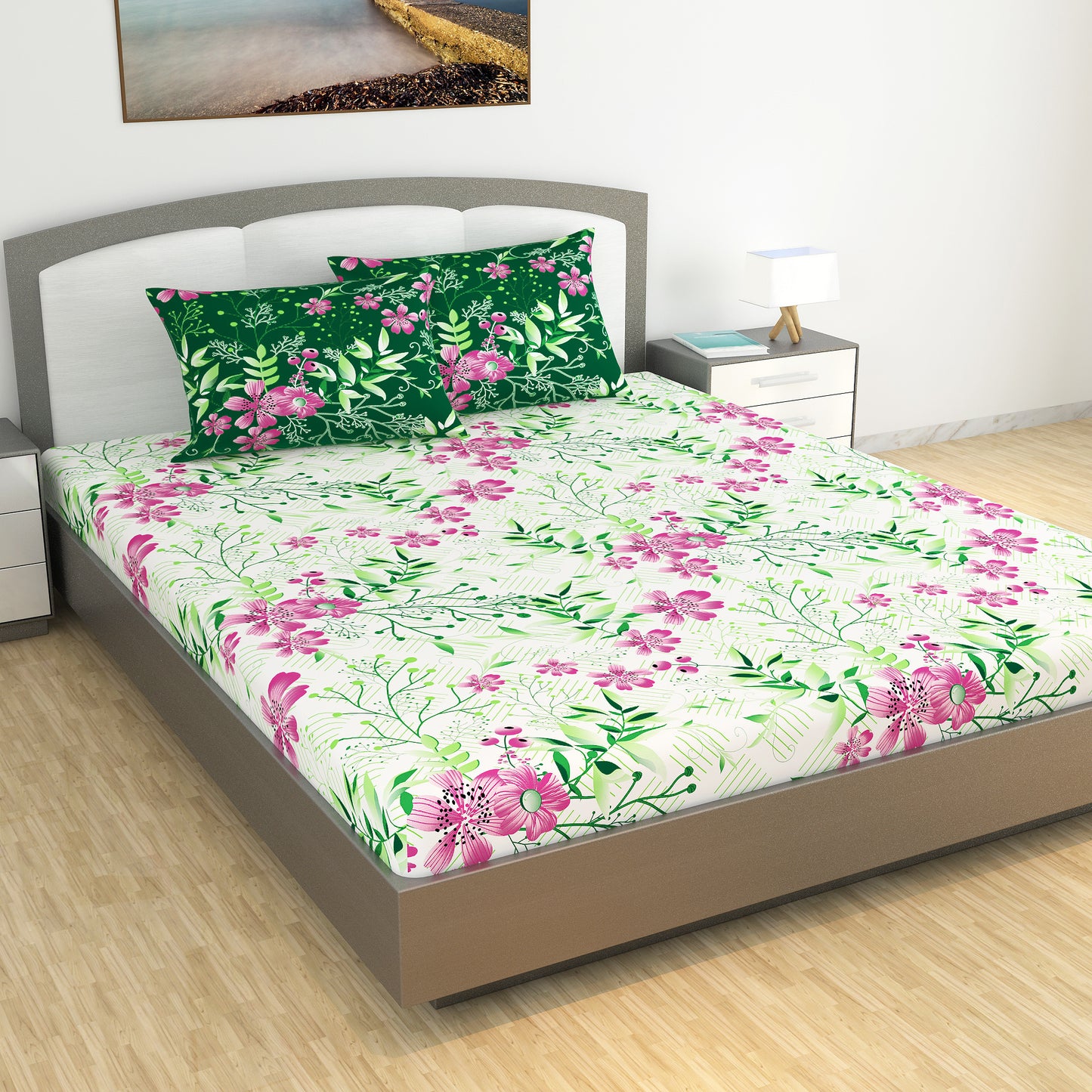 Mint Pink Floral Cotton Bedsheet for King Size Bed (270 X 222 CM)