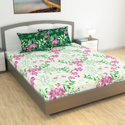 Mint Pink Floral Cotton Bedsheet for King Size Bed (270 X 222 CM)