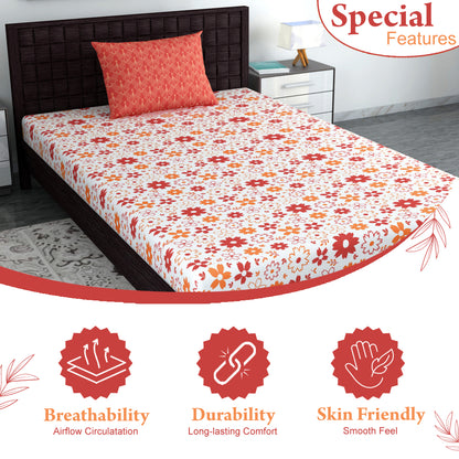Rust White Floral 144 TC Polycotton King Bedsheet With 2 Pillowcovers