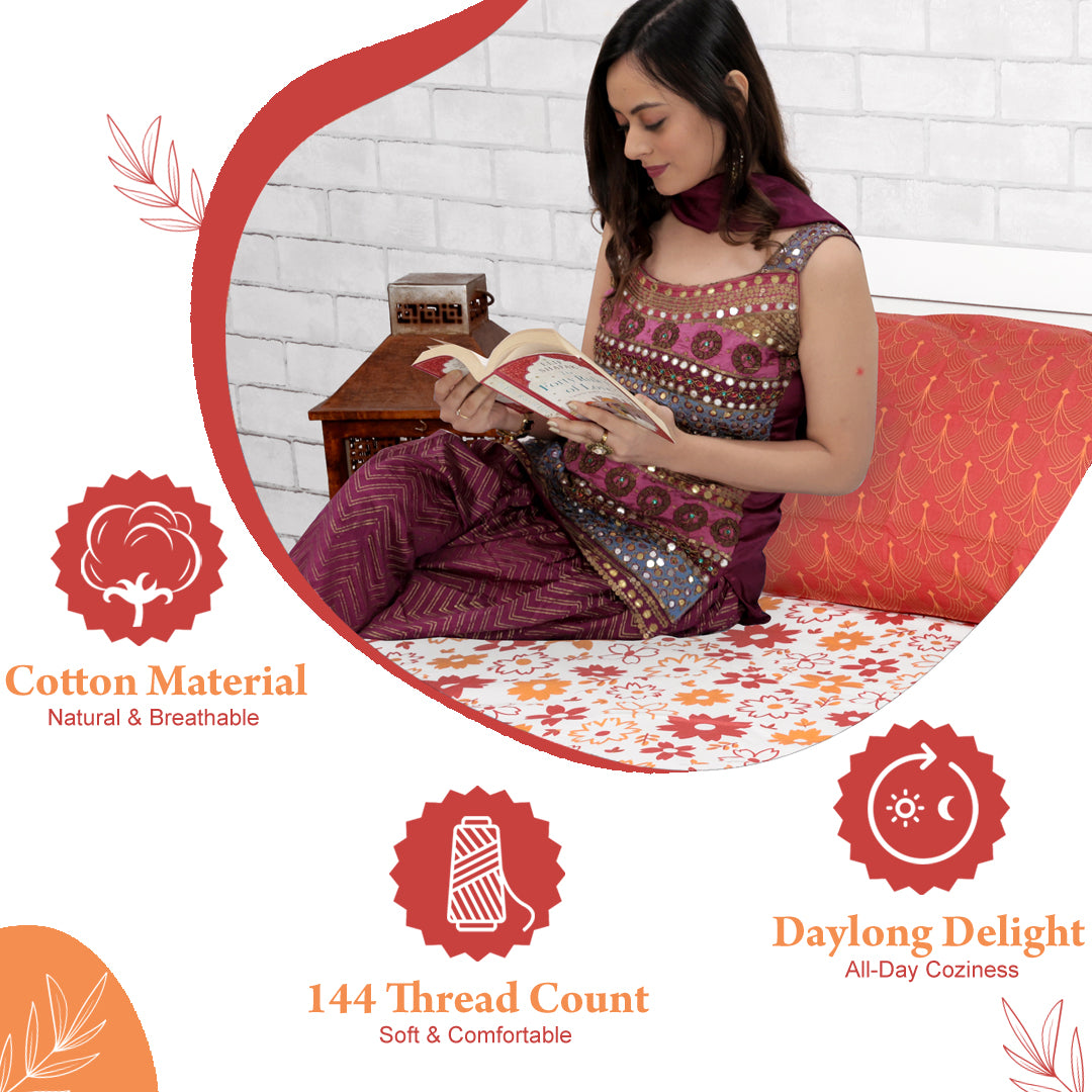 Rust White Floral 144 TC Polycotton Double Bedsheet With 2 Pillowcovers