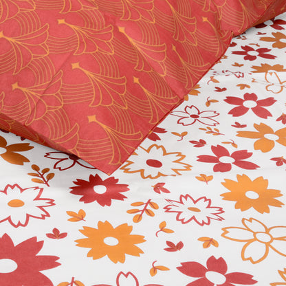Rust White Floral 144 TC Polycotton Double Bedsheet With 2 Pillowcovers
