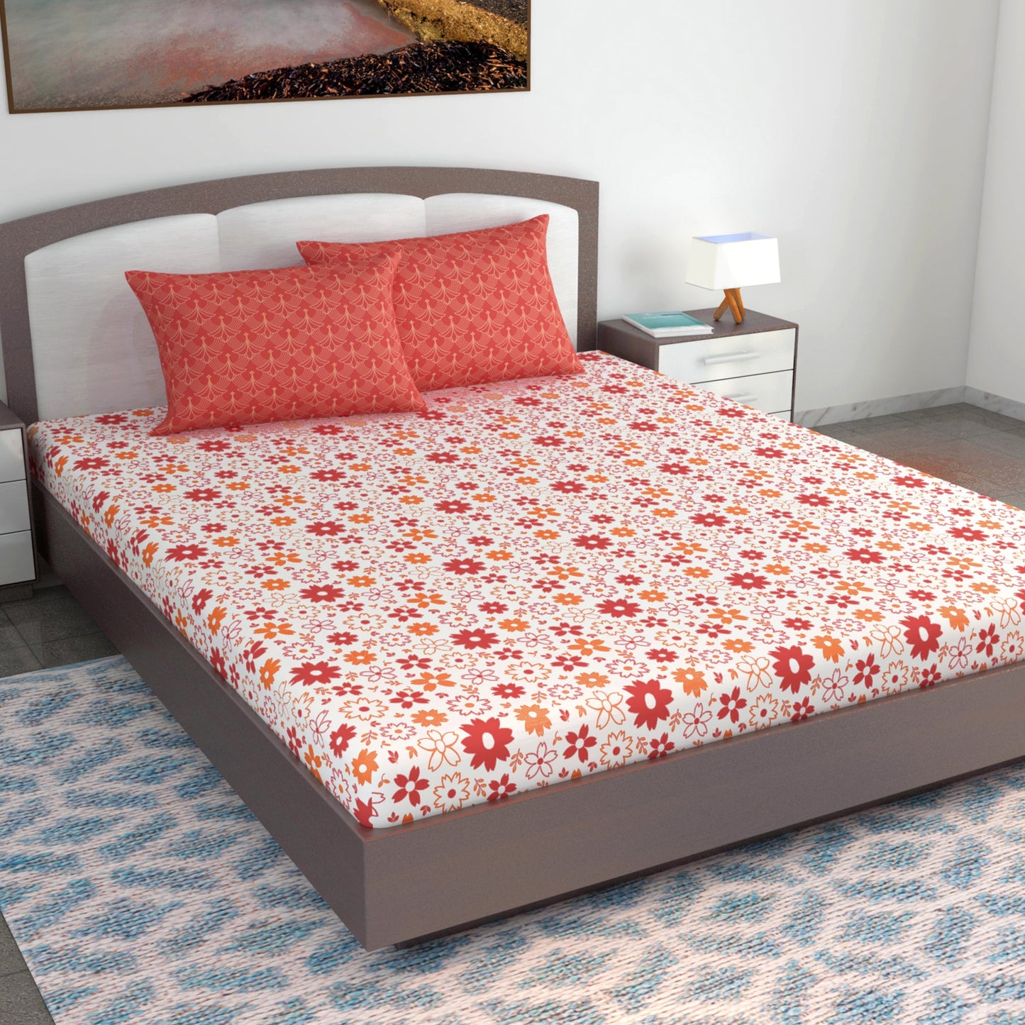 Rust White Floral 144 TC Polycotton King Bedsheet With 2 Pillowcovers