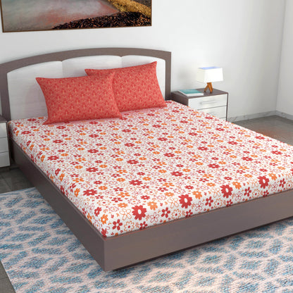 Rust White Floral 144 TC Polycotton King Bedsheet With 2 Pillowcovers