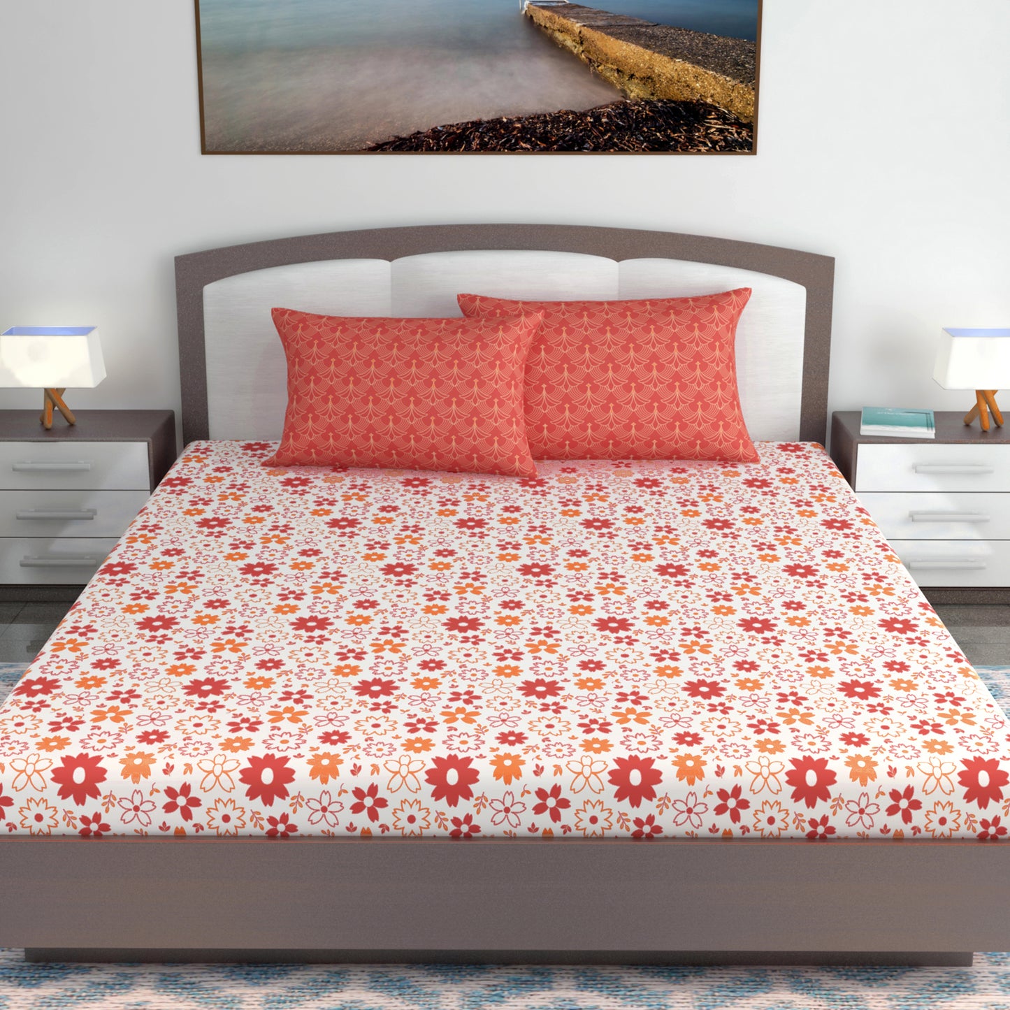 Rust White Floral 144 TC Polycotton King Bedsheet With 2 Pillowcovers
