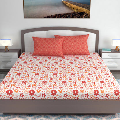 Rust White Floral 144 TC Polycotton King Bedsheet With 2 Pillowcovers
