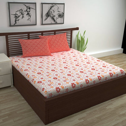 Rust White Floral 144 TC Polycotton Double Bedsheet With 2 Pillowcovers