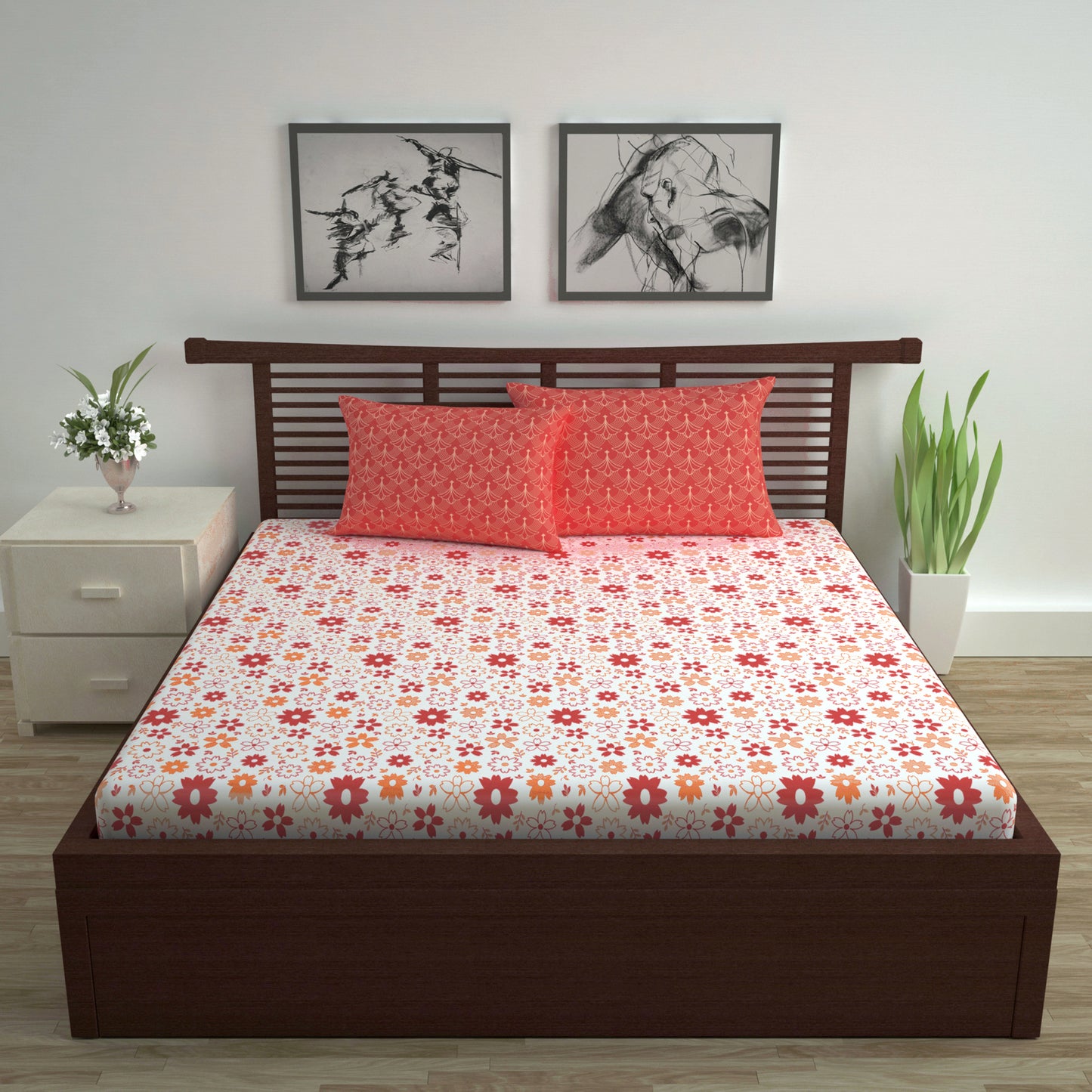 Rust White Floral 144 TC Polycotton Double Bedsheet With 2 Pillowcovers