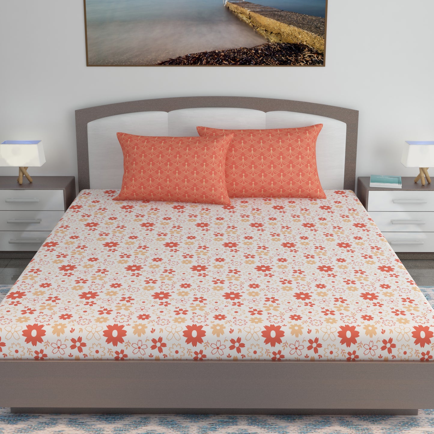 Rust White Floral 144 TC Polycotton King Bedsheet With 2 Pillowcovers