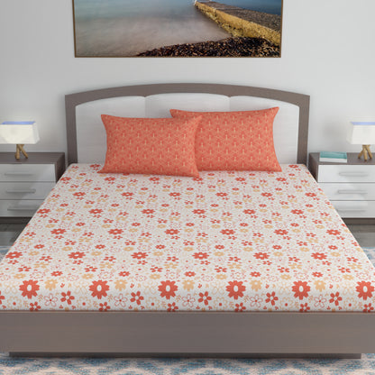 Rust White Floral 144 TC Polycotton King Bedsheet With 2 Pillowcovers