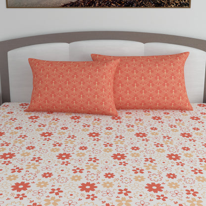 Rust White Floral 144 TC Polycotton King Bedsheet With 2 Pillowcovers