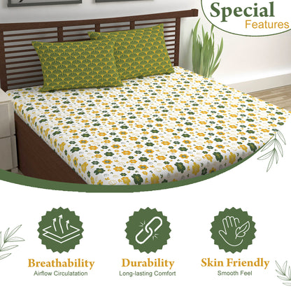 Mustard Green Floral 144 TC Polycotton Double Bedsheet With 2 Pillowcovers