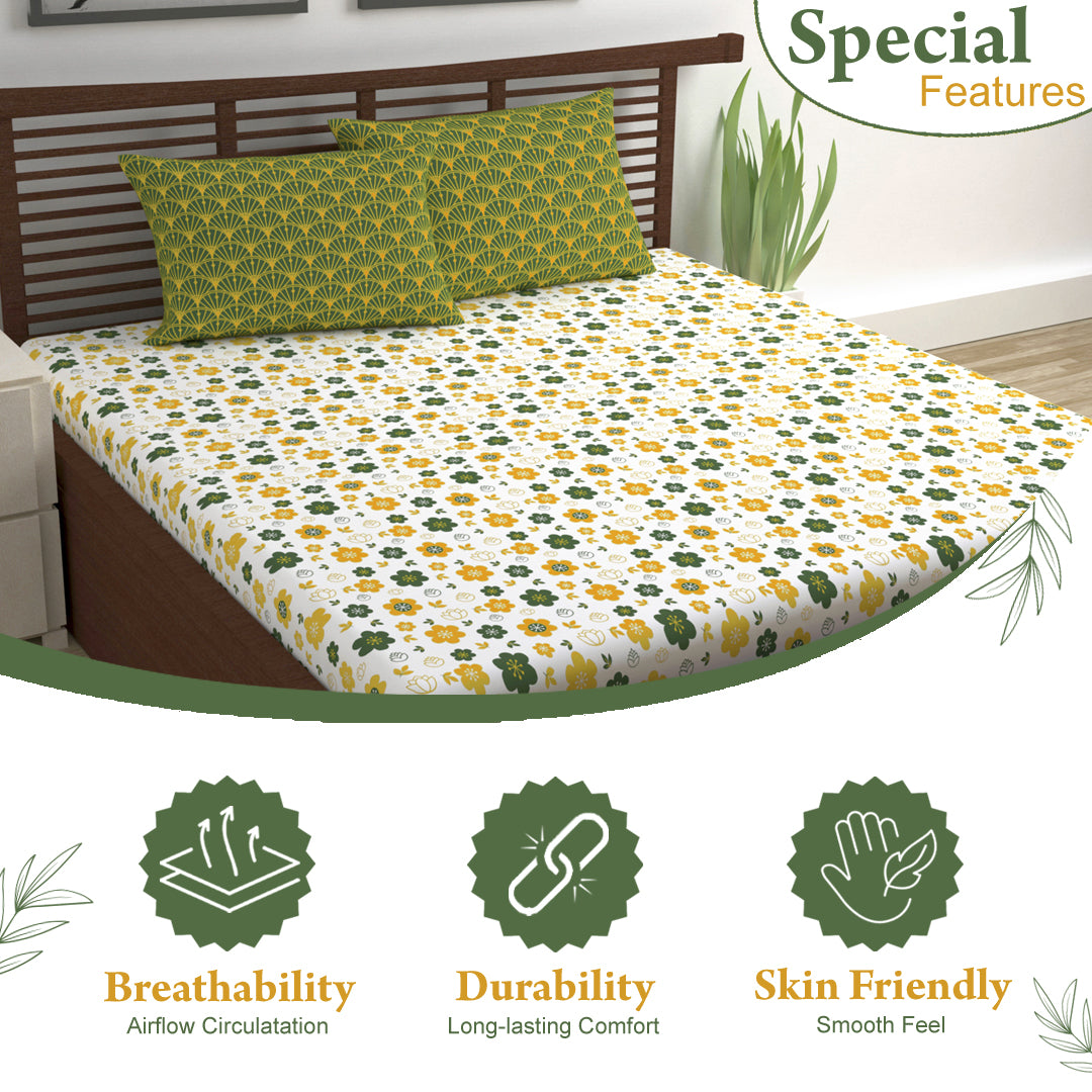 Mustard Green Floral 144 TC Polycotton King Bedsheet With 2 Pillowcovers