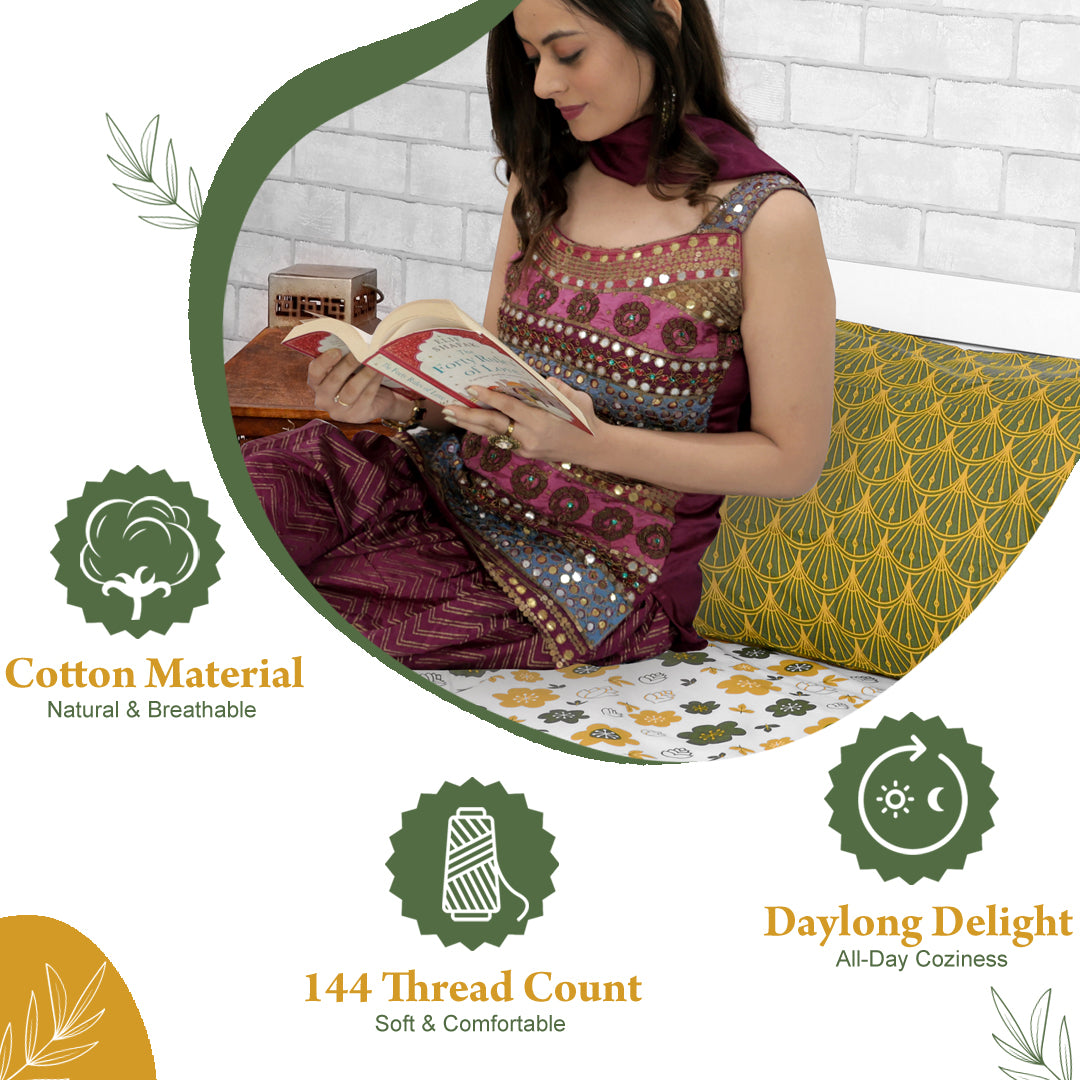 Mustard Green Floral 144 TC Polycotton Double Bedsheet With 2 Pillowcovers