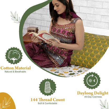 Mustard Green Floral 144 TC Polycotton Double Bedsheet With 2 Pillowcovers