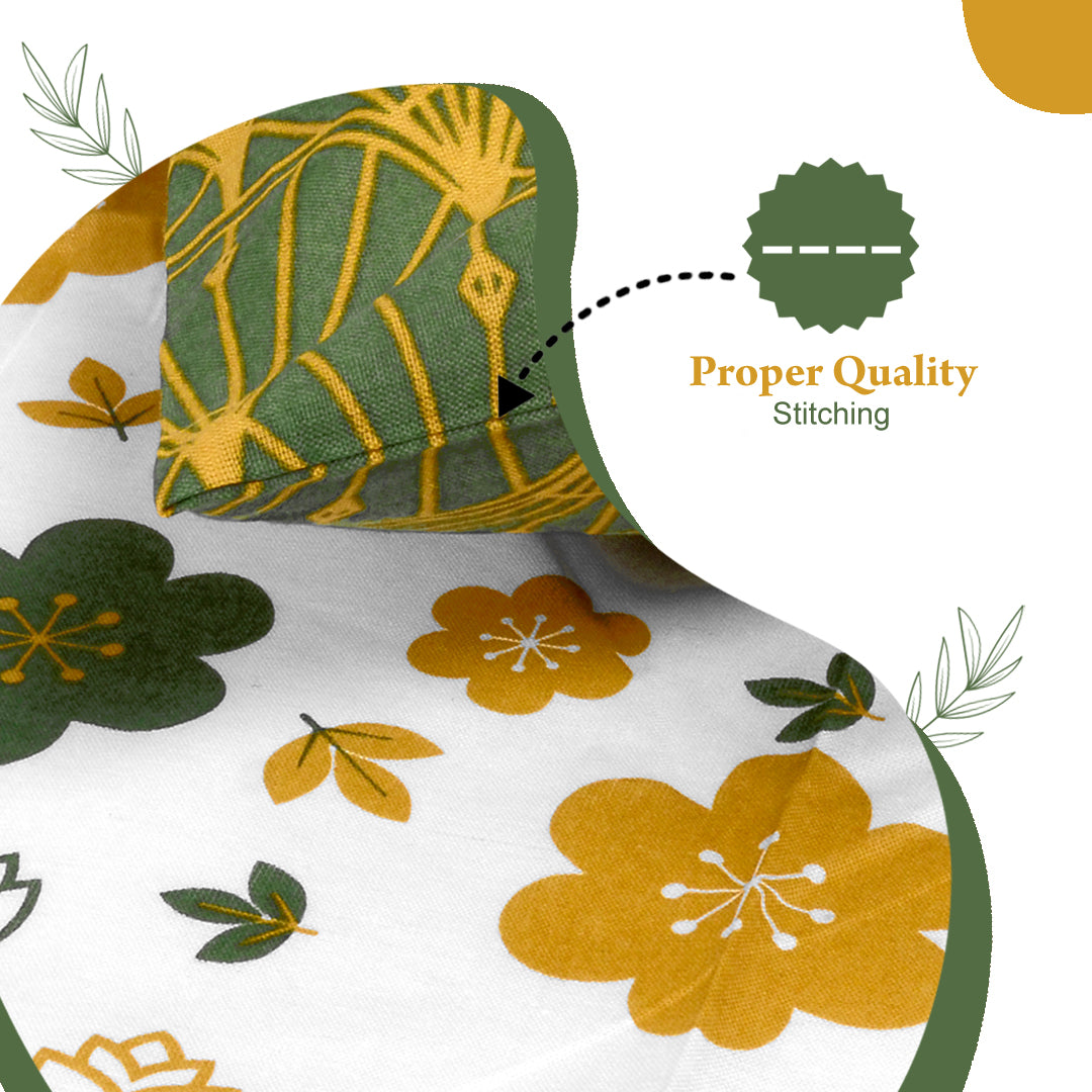 Mustard Green Floral 144 TC Polycotton Double Bedsheet With 2 Pillowcovers