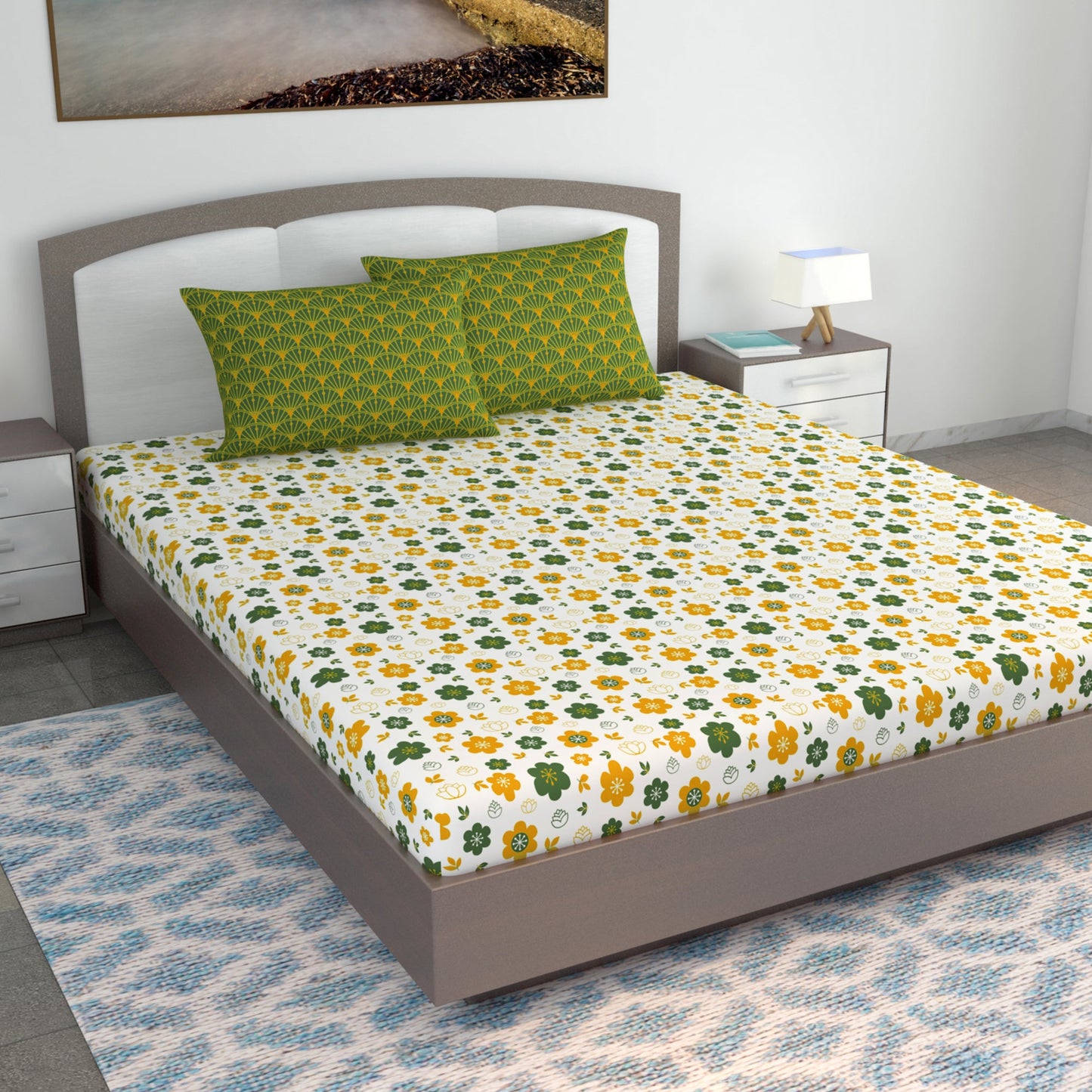 Mustard Green Floral 144 TC Polycotton King Bedsheet With 2 Pillowcovers