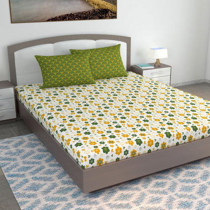 Mustard Green Floral 144 TC Polycotton King Bedsheet With 2 Pillowcovers