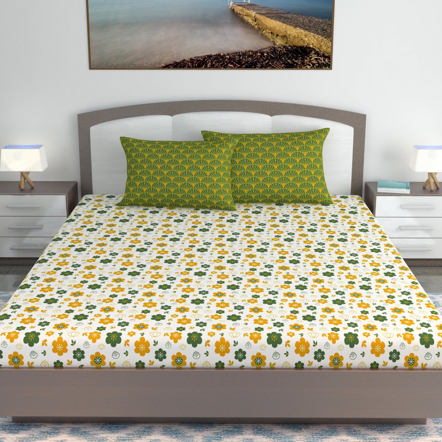 Mustard Green Floral 144 TC Polycotton King Bedsheet With 2 Pillowcovers