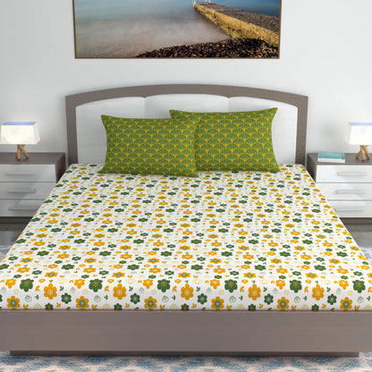 Mustard Green Floral 144 TC Polycotton King Bedsheet With 2 Pillowcovers