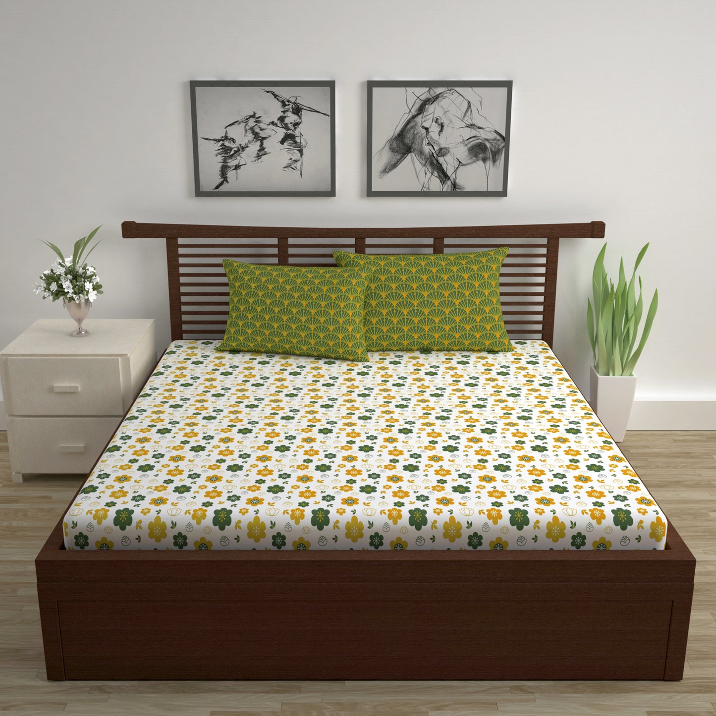 Mustard Green Floral 144 TC Polycotton Double Bedsheet With 2 Pillowcovers