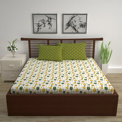 Mustard Green Floral 144 TC Polycotton Double Bedsheet With 2 Pillowcovers