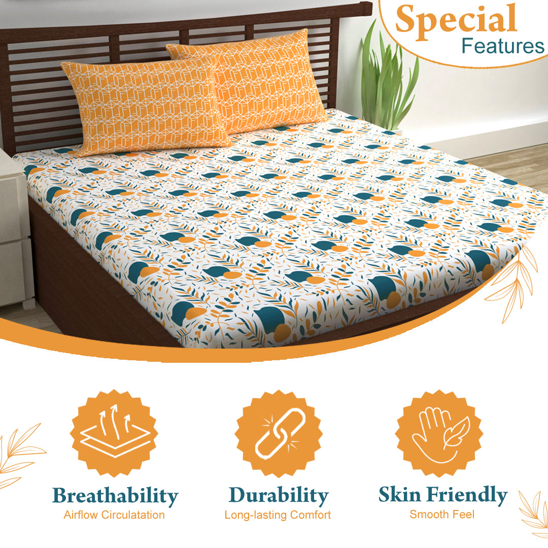 Teal Mustard Floral 144 TC Polycotton Double Bedsheet With 2 Pillowcovers