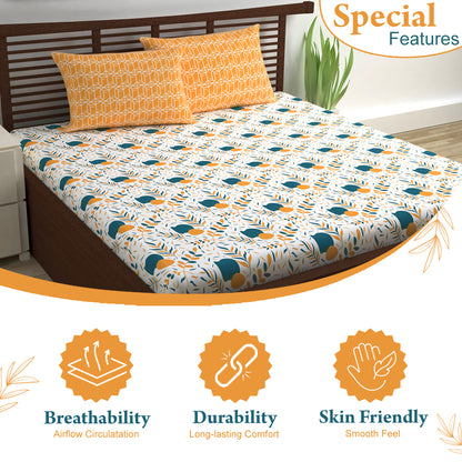 Teal Mustard Floral 144 TC Polycotton Double Bedsheet With 2 Pillowcovers