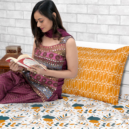 Teal Mustard Floral 144 TC Polycotton Double Bedsheet With 2 Pillowcovers