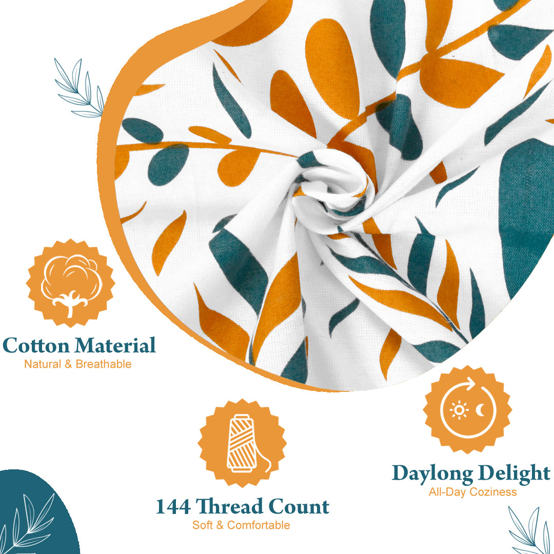 Teal Mustard Floral Cotton Bedsheet for Double Bed (254 X 222 CM)