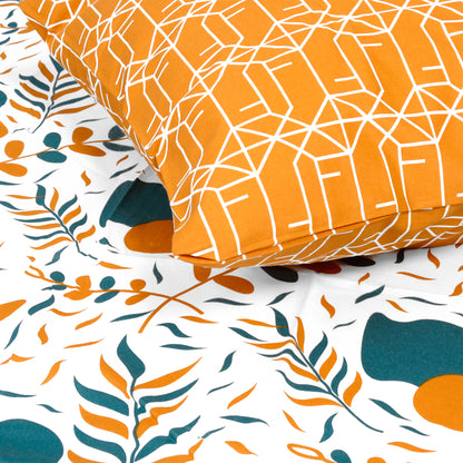 Teal Mustard Floral 144 TC Polycotton Double Bedsheet With 2 Pillowcovers