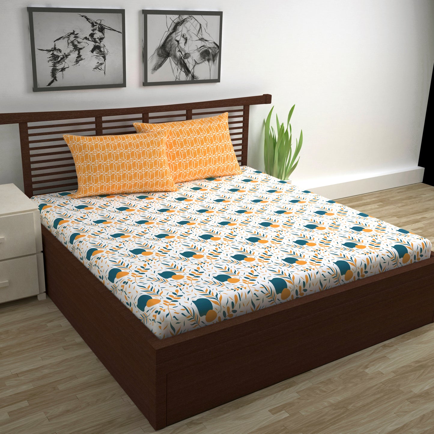 Teal Mustard Floral Cotton Bedsheet for Double Bed (254 X 222 CM)