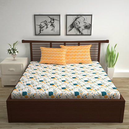 Teal Mustard Floral 144 TC Polycotton Double Bedsheet With 2 Pillowcovers