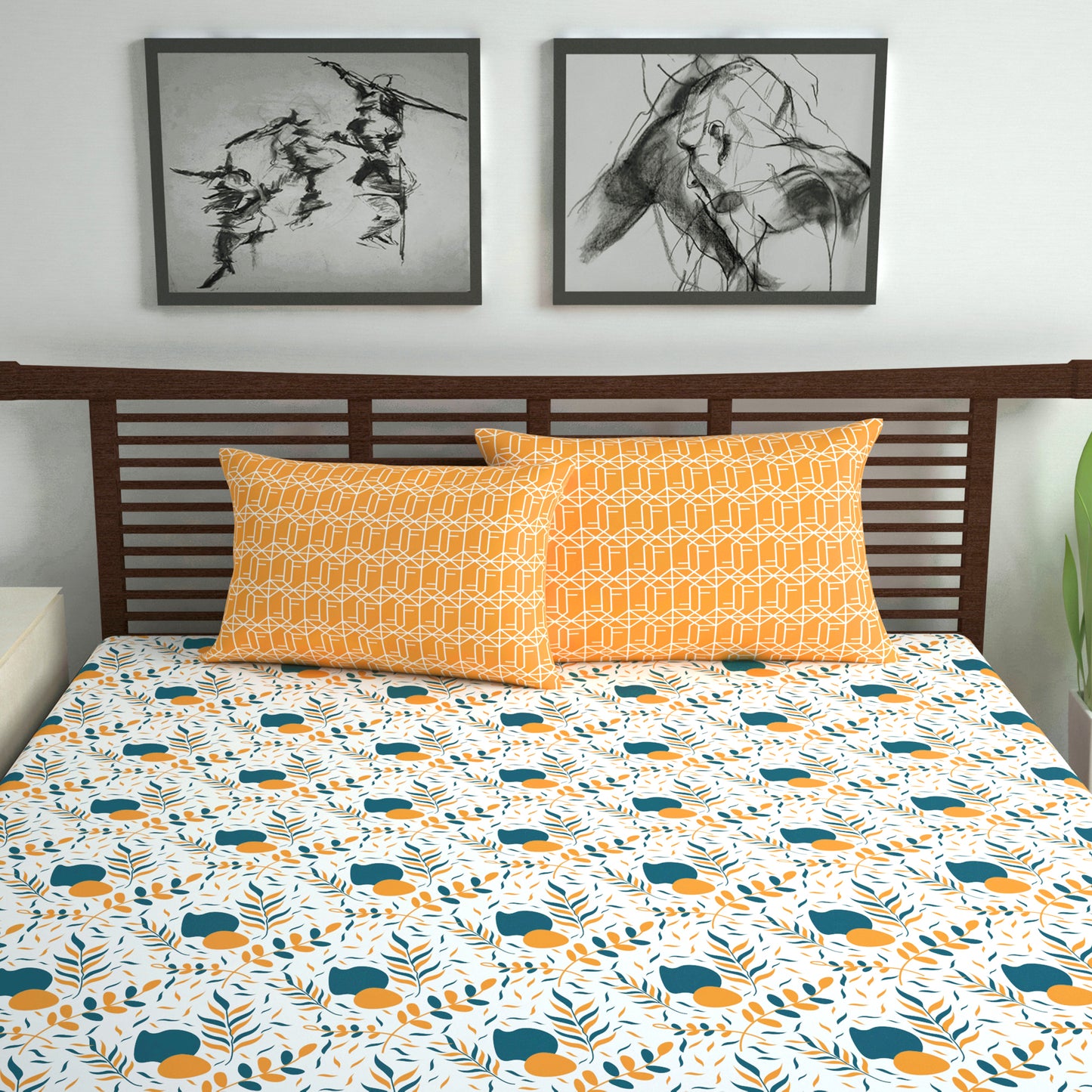 Teal Mustard Floral Cotton Bedsheet for Double Bed (254 X 222 CM)