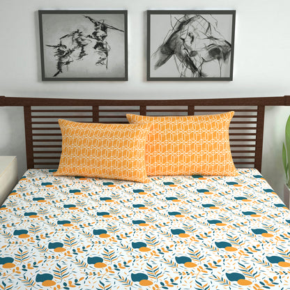 Teal Mustard Floral Cotton Bedsheet for Double Bed (254 X 222 CM)