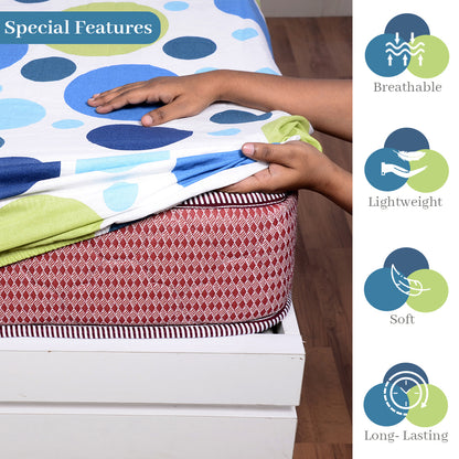 Blue Lagoon Polka Dots 144 TC Cotton Elastic Fitted Double Bed Bedsheet