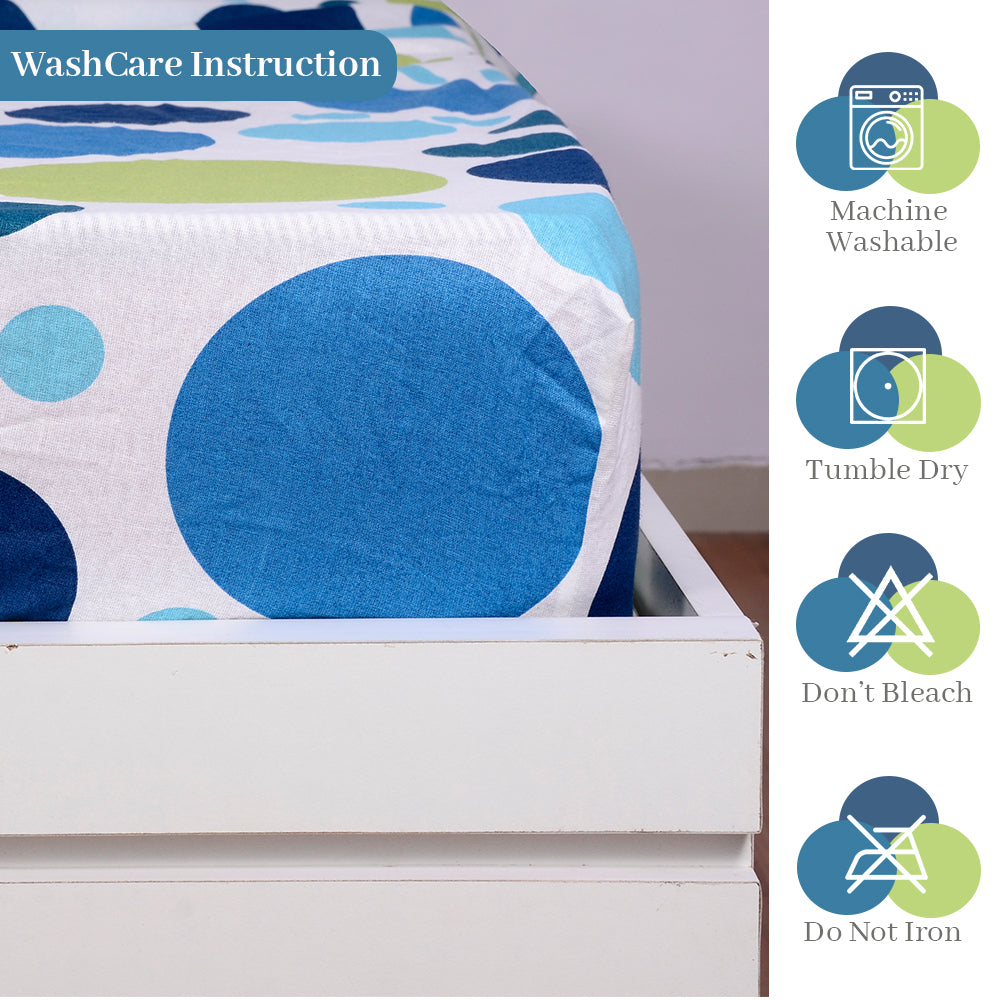 Blue Lagoon Polka Dots 144 TC Cotton Elastic Fitted Double Bed Bedsheet